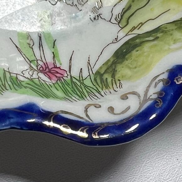 Vintage 20s Set 4 Seto Japanese Cobalt Blue Handpainted Bird Porcelain Dishes - Picture 7 of 11